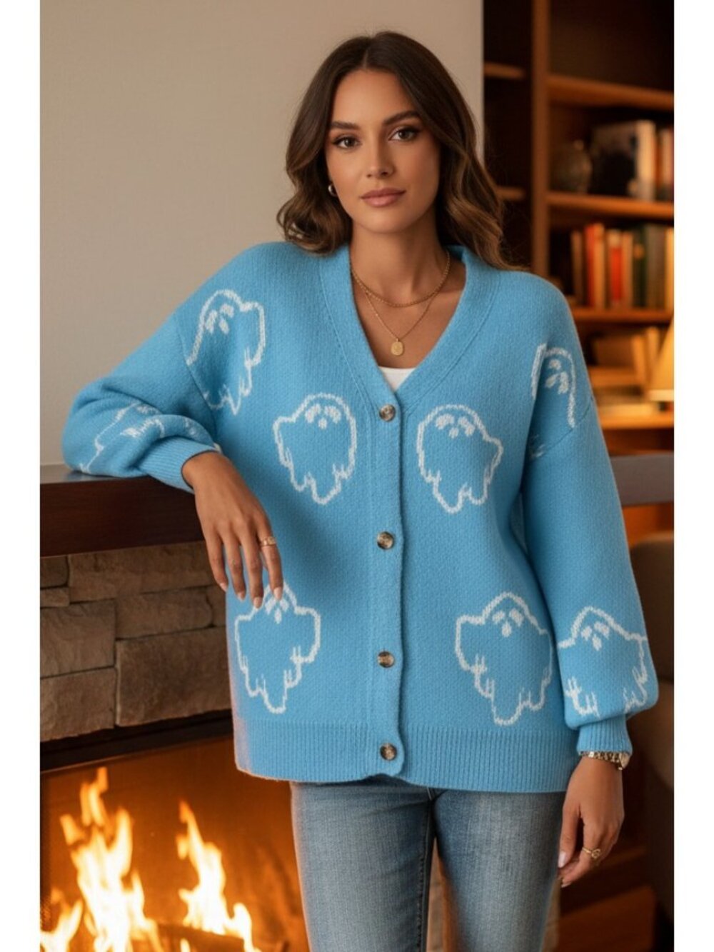Contrast Knit Spooky Ghost V-Neck Button Front Cardigan Halloween Long Sleeve